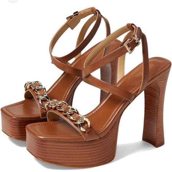 NEW Michael Kors Paola Chain Leather Platform Sandals Brown Gold Chain Size 9 - Picture 3 of 14